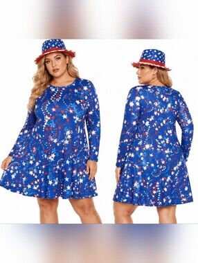 New Rosie Patriotic Star Print Swing Dress Plus Size XL 1X 2X 3X USA FIFA PR RED